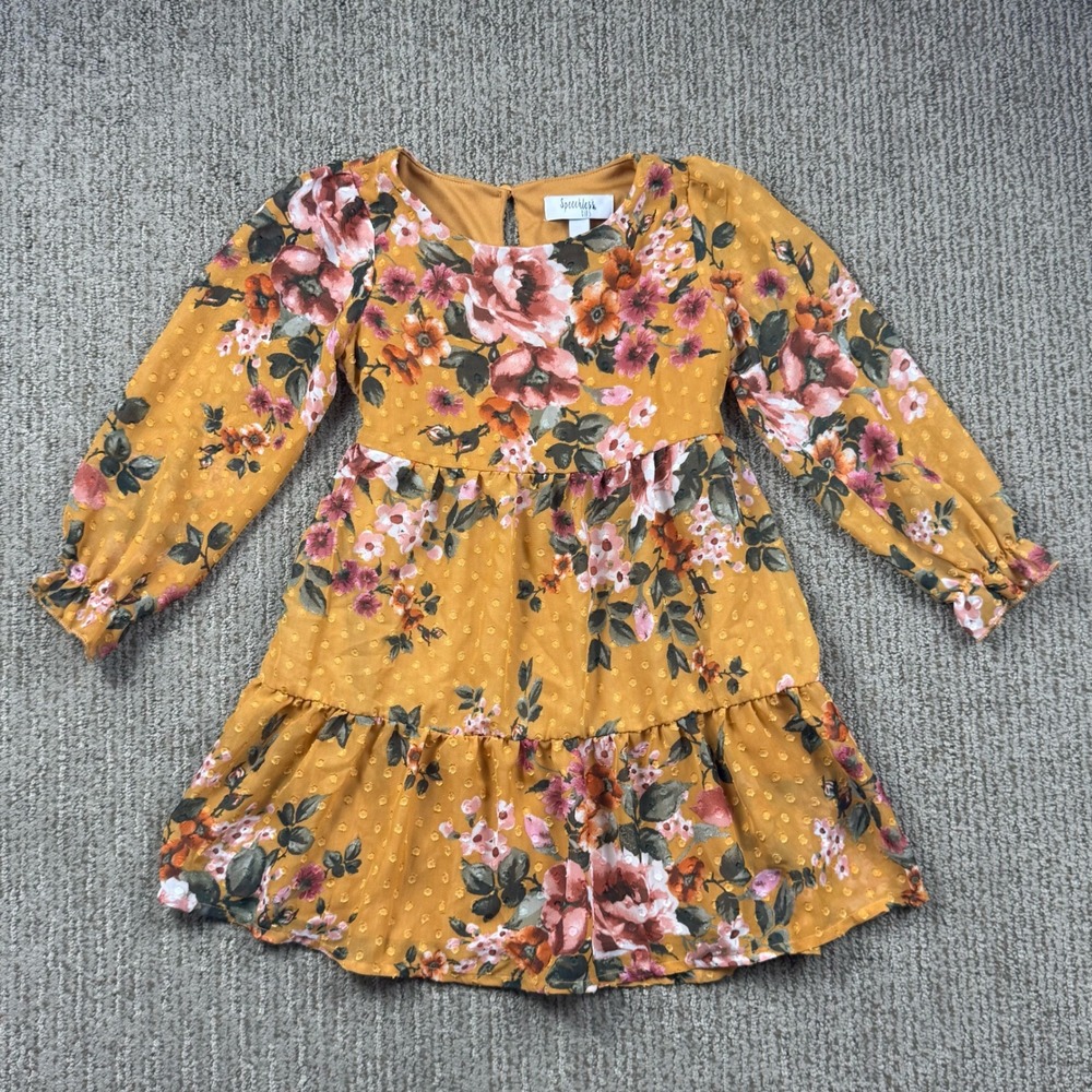 Speechless Fall Floral Tiered Dress Girls 4 Textured Dot Pockets Mustard Yellow